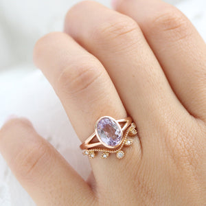 2.30 Ct Large Lavender Sapphire Ring in 14k Rose Gold Oval Bezel Ring, Size 6.25