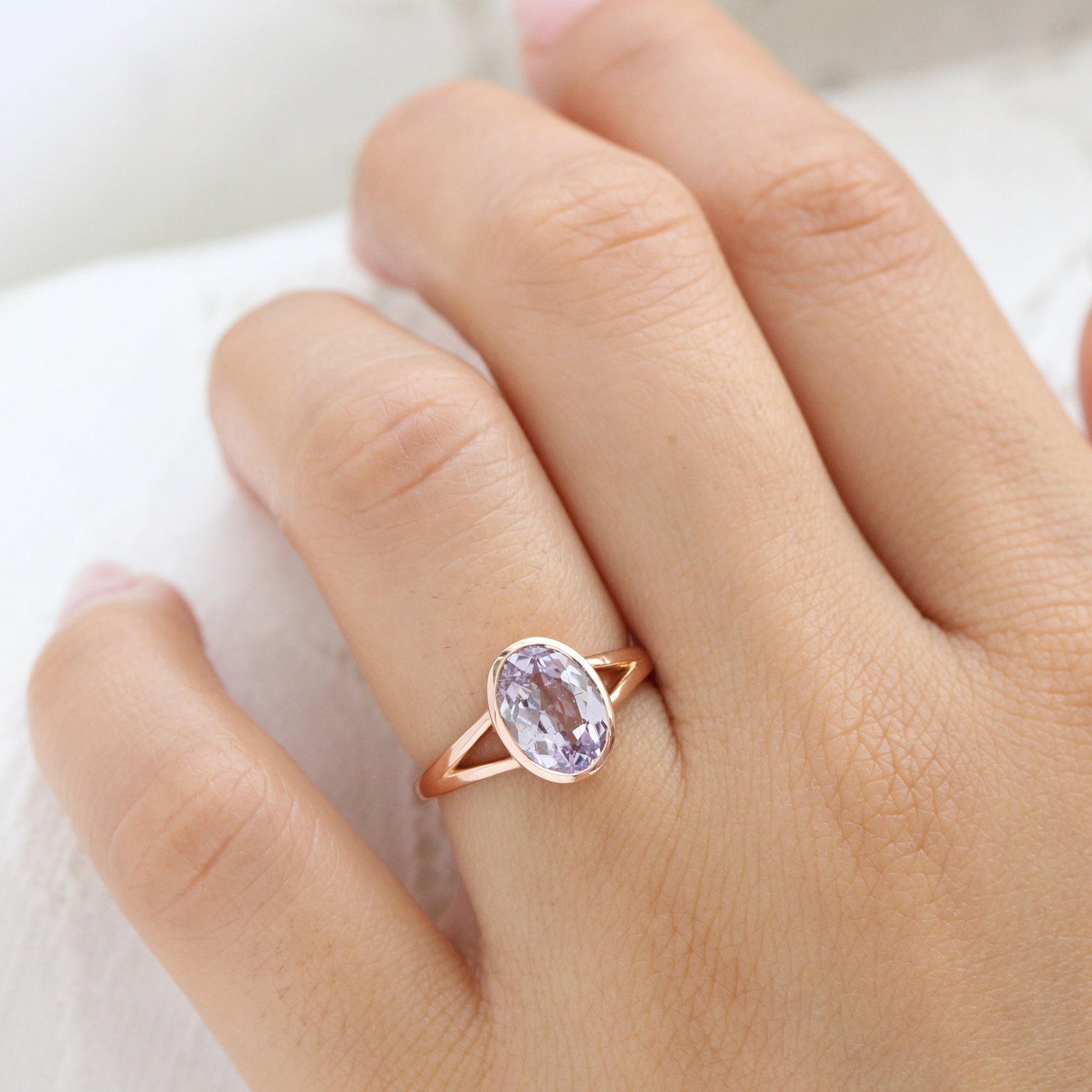 2.30 Ct Large Lavender Sapphire Ring in 14k Rose Gold Oval Bezel Ring, Size 6.25