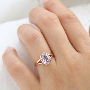 2.30 Ct Large Lavender Sapphire Ring in 14k Rose Gold Oval Bezel Ring, Size 6.25