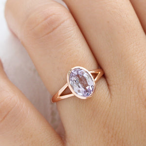 2.30 Ct Large Lavender Sapphire Ring in 14k Rose Gold Oval Bezel Ring, Size 6.25