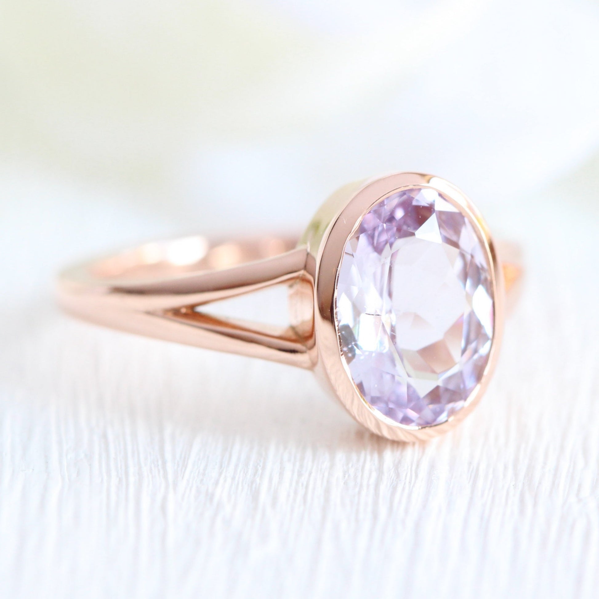 2.30 Ct Large Lavender Sapphire Ring in 14k Rose Gold Oval Bezel Ring, Size 6.25