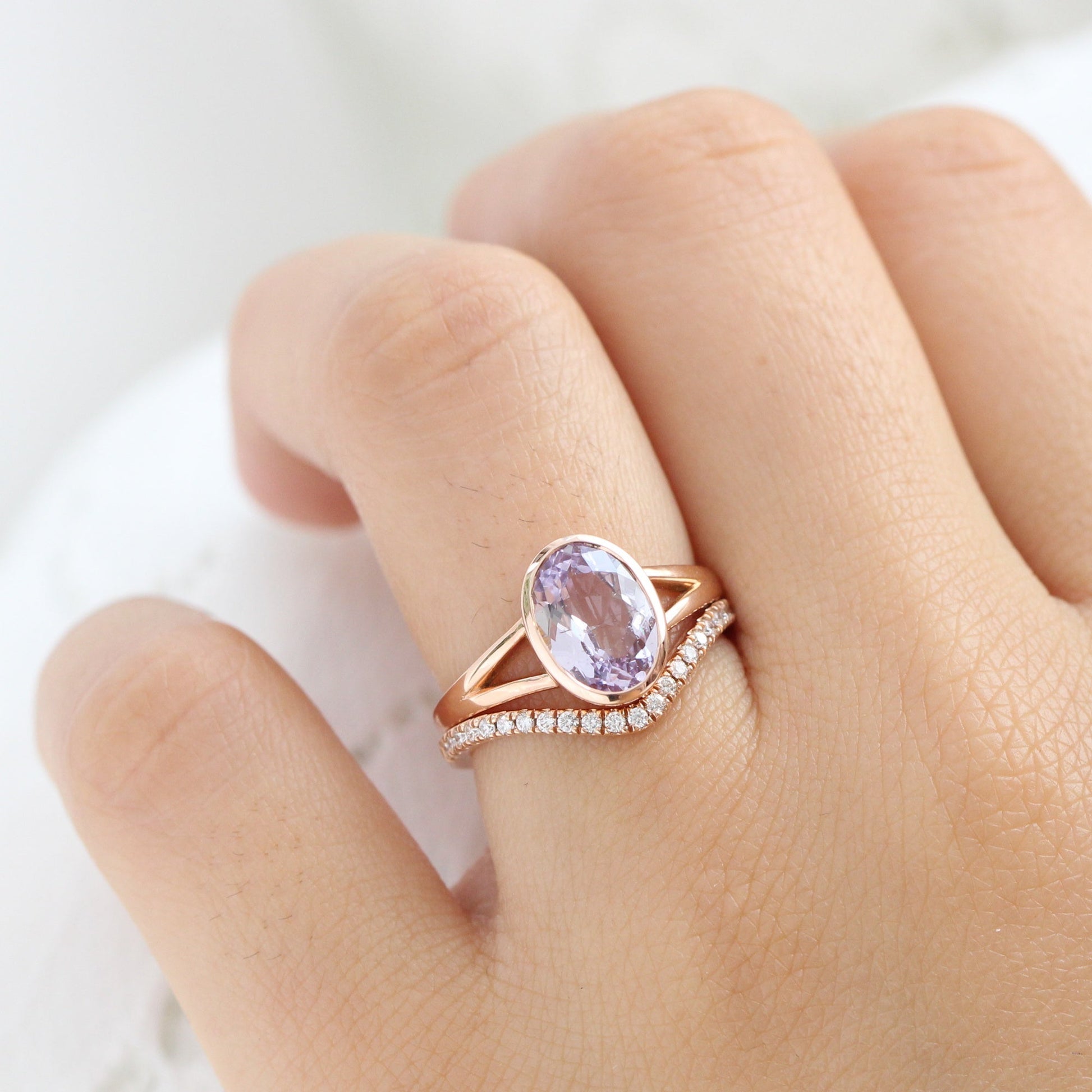 2.30 Ct Large Lavender Sapphire Ring in 14k Rose Gold Oval Bezel Ring, Size 6.25
