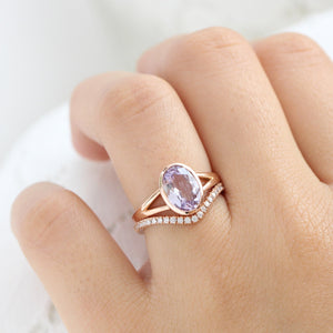 2.30 Ct Large Lavender Sapphire Ring in 14k Rose Gold Oval Bezel Ring, Size 6.25