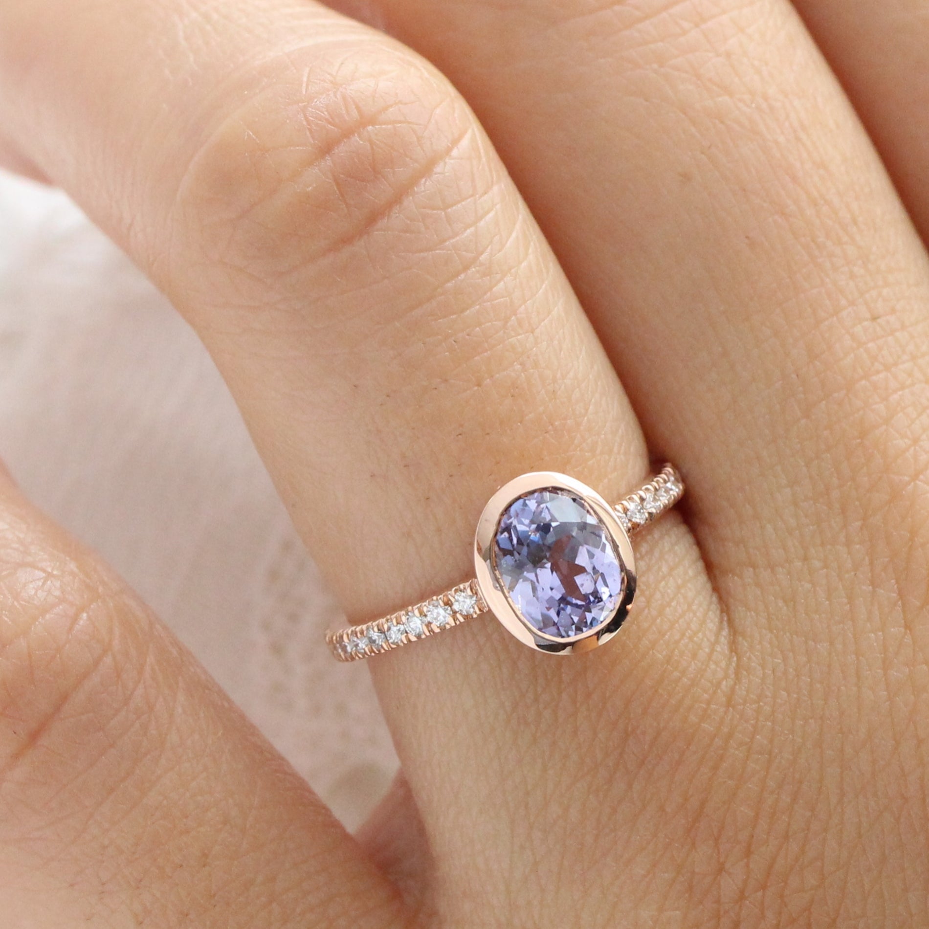 1.92 Ct. Oval Lavender Sapphire Ring in 14k Rose Gold Bezel Pave Diamond, Size 6.25