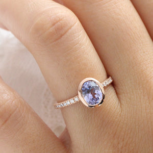 1.92 Ct. Oval Lavender Sapphire Ring in 14k Rose Gold Bezel Pave Diamond, Size 6.25