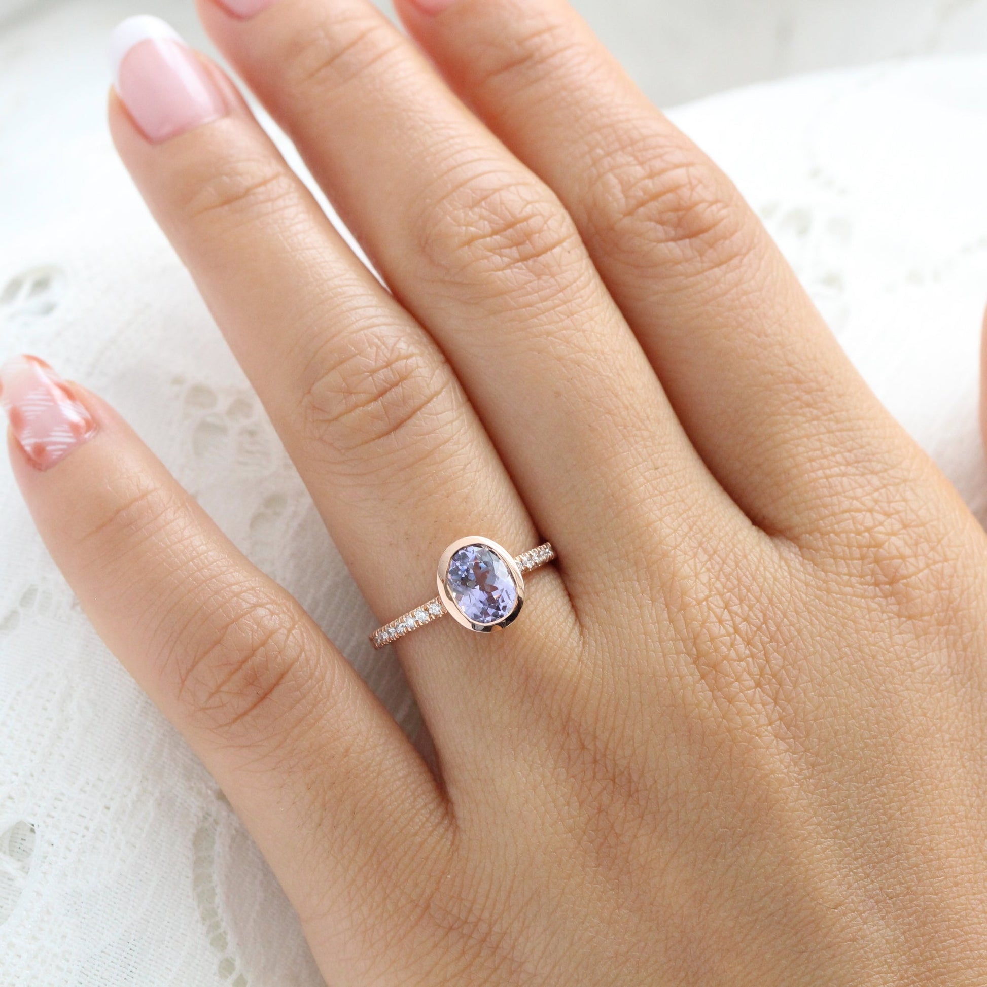 1.92 Ct. Oval Lavender Sapphire Ring in 14k Rose Gold Bezel Pave Diamond, Size 6.25