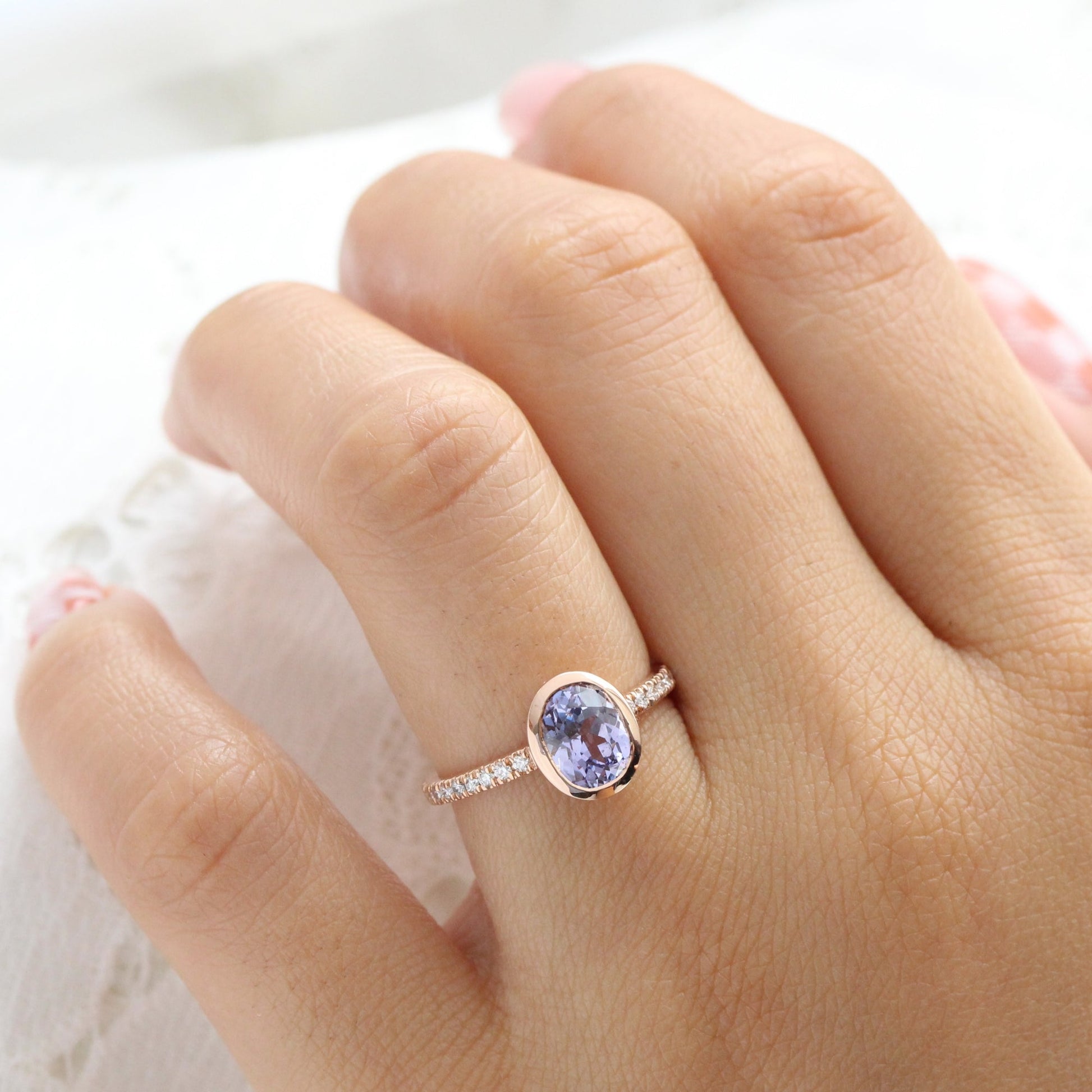 1.92 Ct. Oval Lavender Sapphire Ring in 14k Rose Gold Bezel Pave Diamond, Size 6.25
