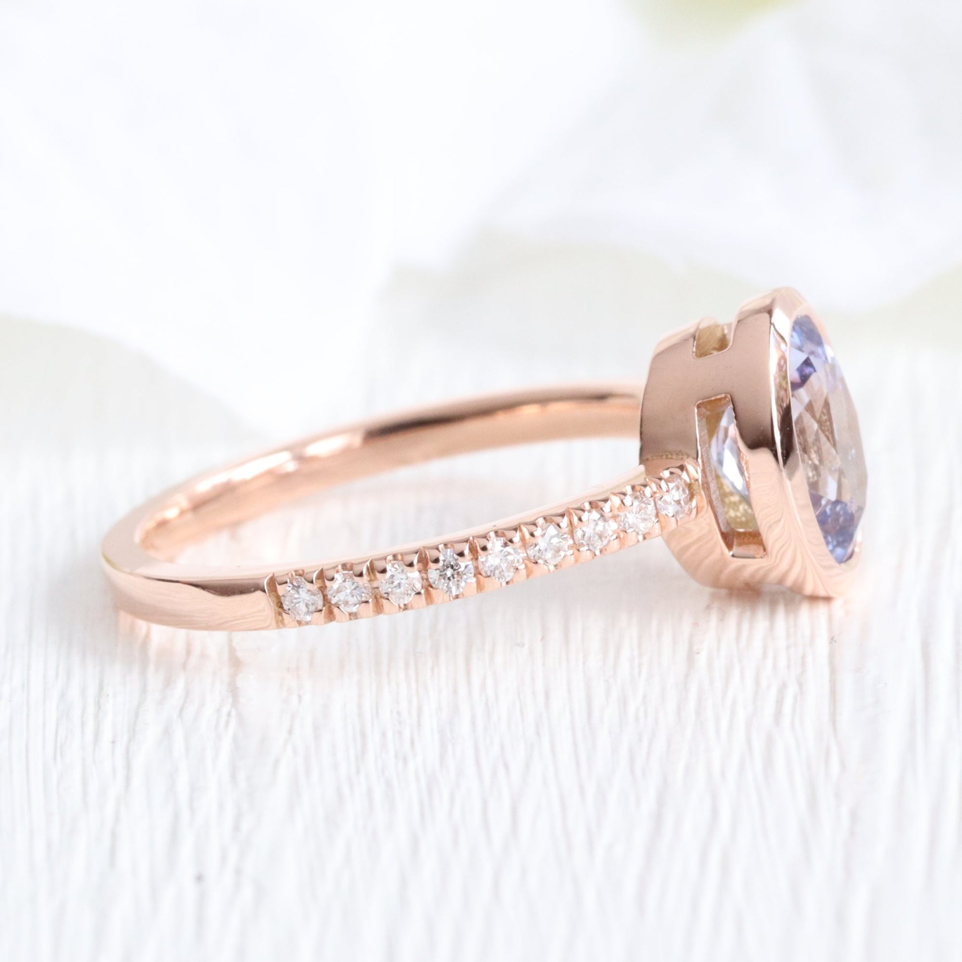 1.92 Ct. Oval Lavender Sapphire Ring in 14k Rose Gold Bezel Pave Diamond, Size 6.25