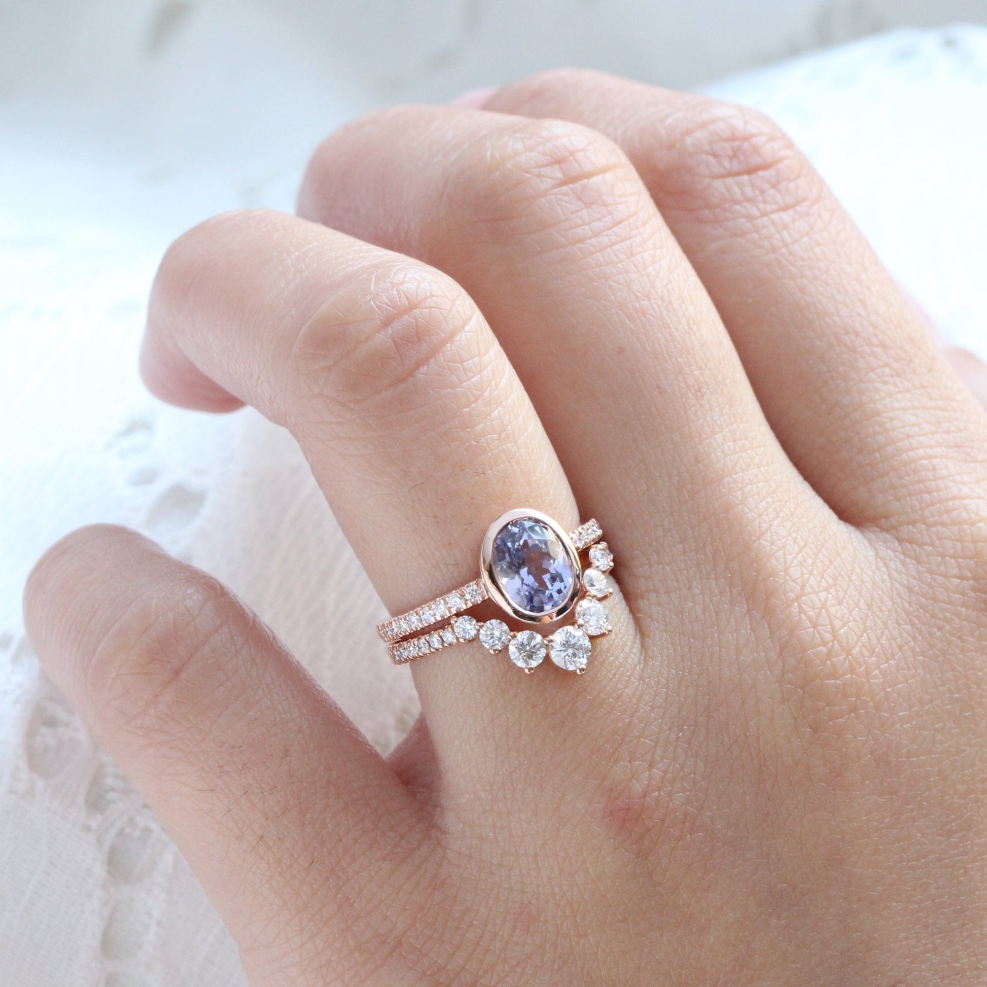 1.92 Ct. Oval Lavender Sapphire Ring in 14k Rose Gold Bezel Pave Diamond, Size 6.25