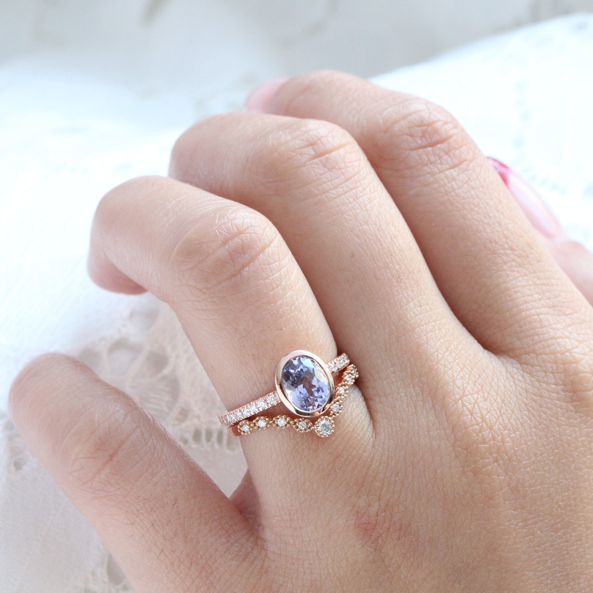 1.92 Ct. Oval Lavender Sapphire Ring in 14k Rose Gold Bezel Pave Diamond, Size 6.25