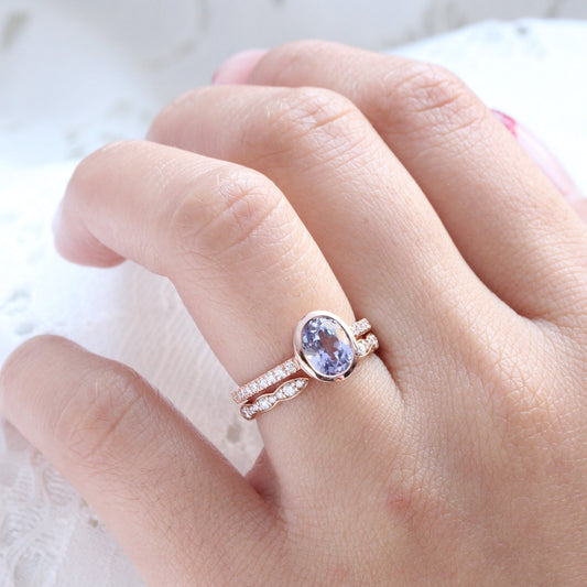 1.92 Ct. Oval Lavender Sapphire Ring in 14k Rose Gold Bezel Pave Diamond, Size 6.25