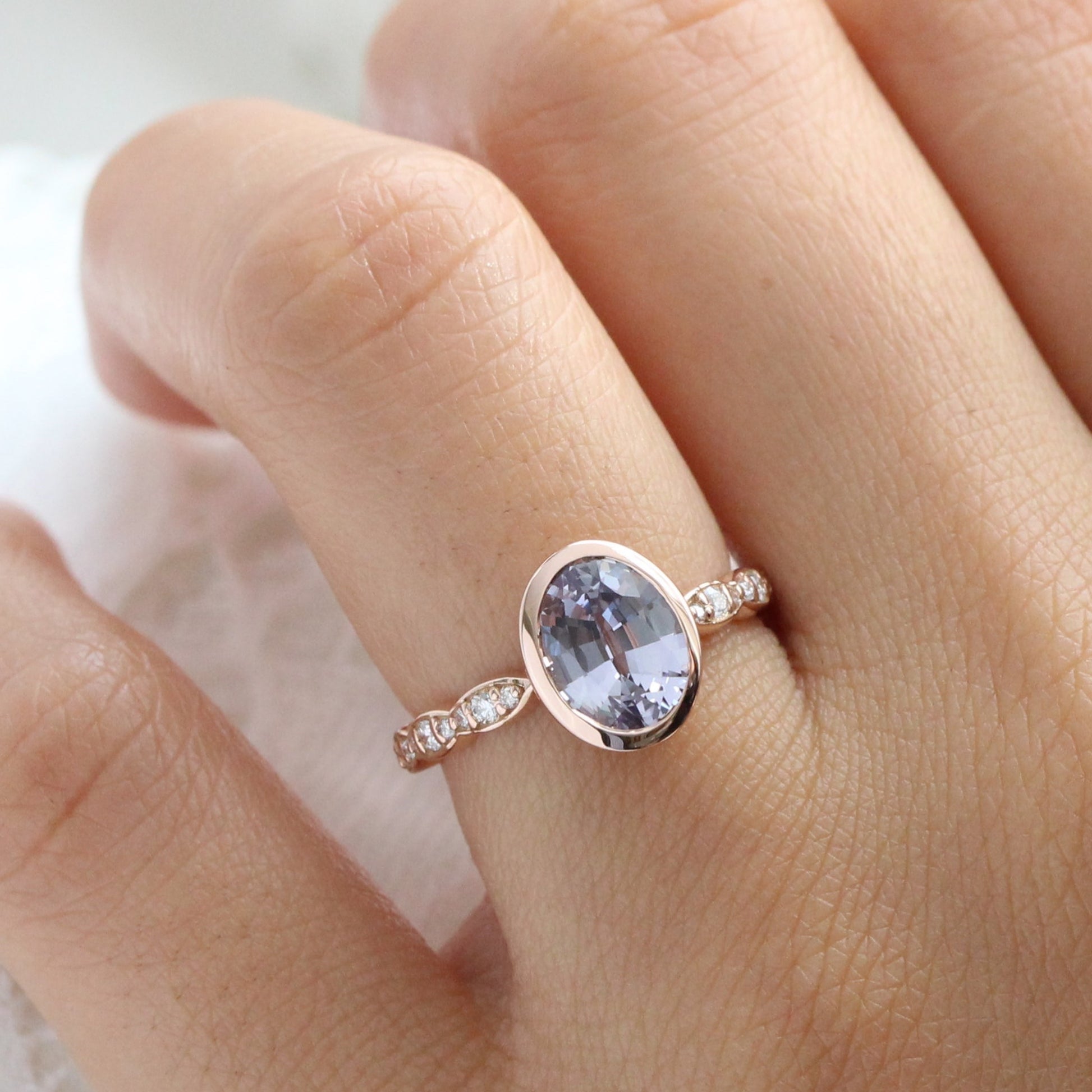 2.6 Ct. Oval Lavender Sapphire Ring in 14k Rose Gold Bezel Scalloped Diamond, Size 6.25