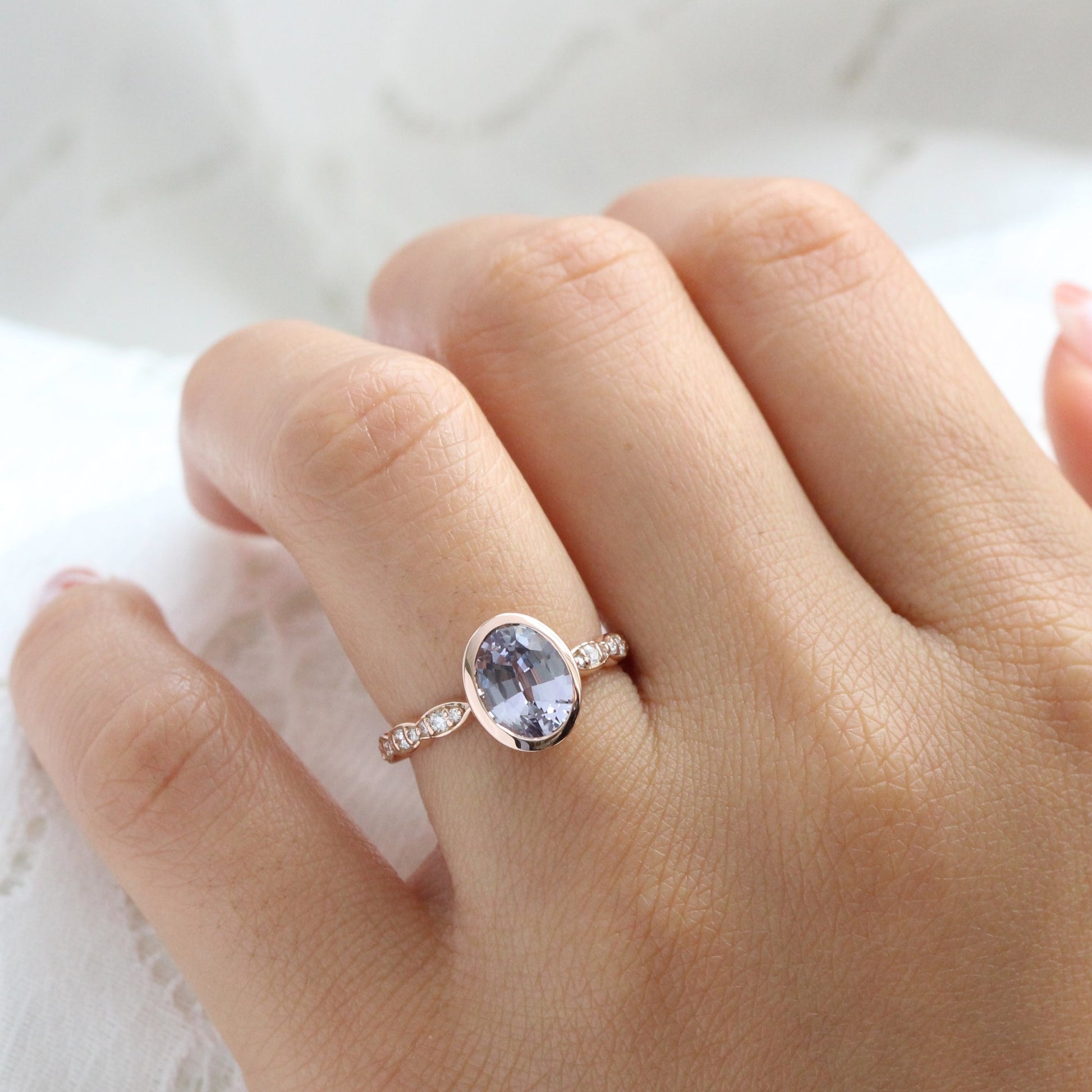 2.6 Ct. Oval Lavender Sapphire Ring in 14k Rose Gold Bezel Scalloped Diamond, Size 6.25