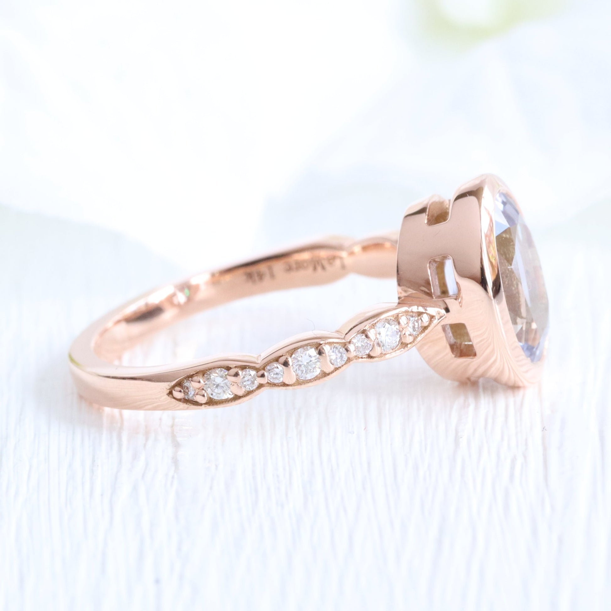 2.6 Ct. Oval Lavender Sapphire Ring in 14k Rose Gold Bezel Scalloped Diamond, Size 6.25