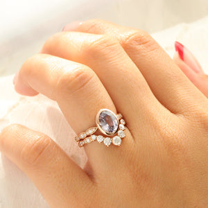 2.6 Ct. Oval Lavender Sapphire Ring in 14k Rose Gold Bezel Scalloped Diamond, Size 6.25
