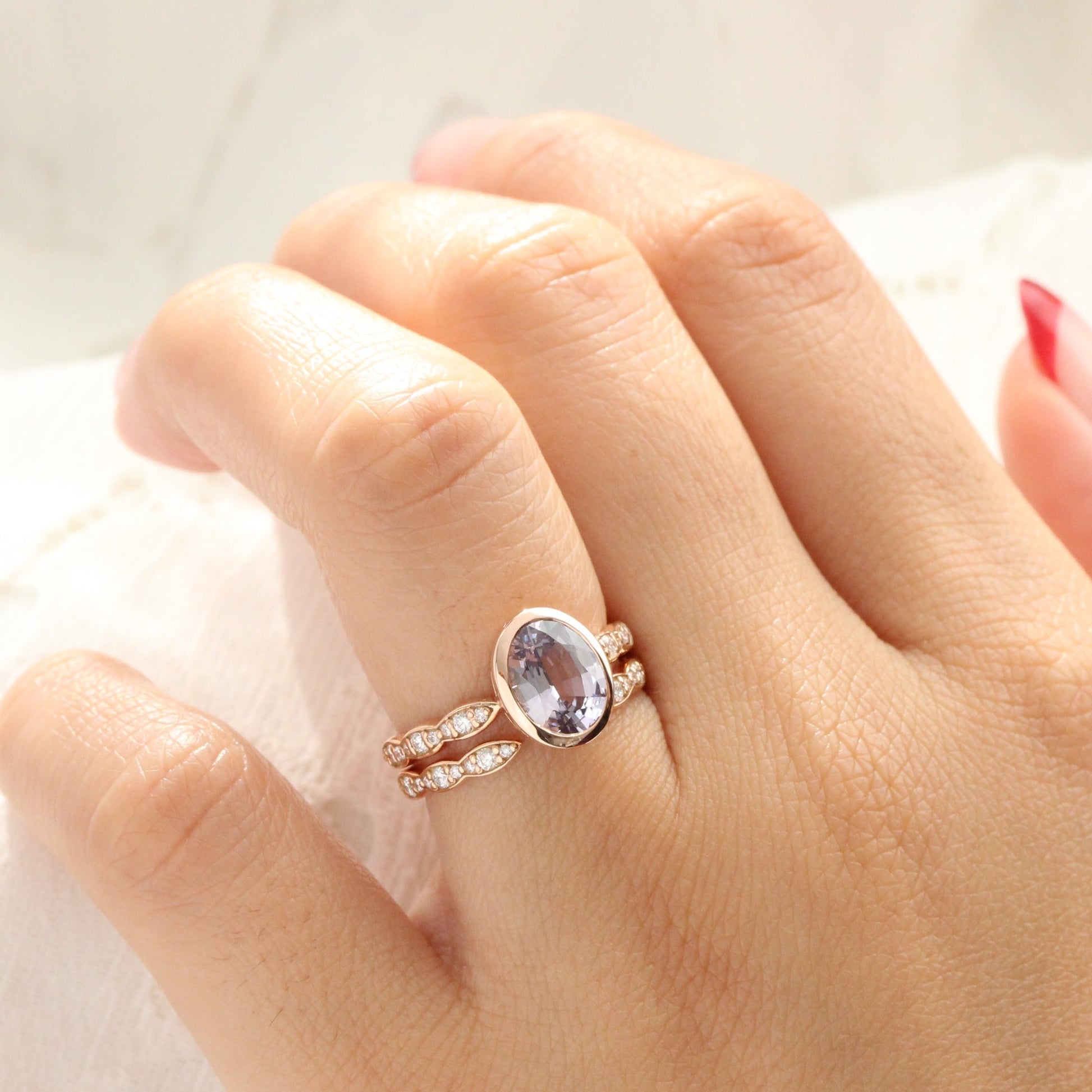 2.6 Ct. Oval Lavender Sapphire Ring in 14k Rose Gold Bezel Scalloped Diamond, Size 6.25