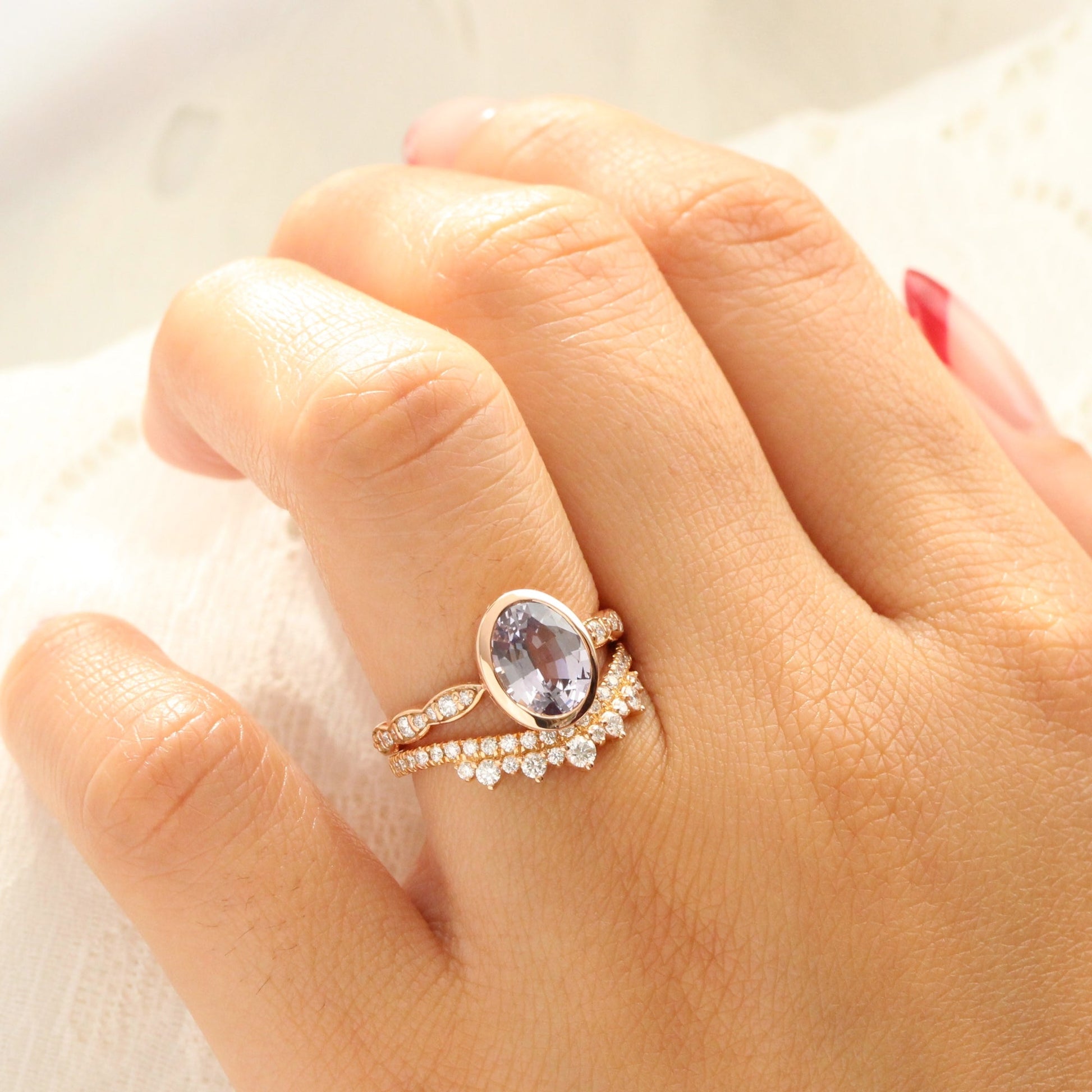 2.6 Ct. Oval Lavender Sapphire Ring in 14k Rose Gold Bezel Scalloped Diamond, Size 6.25