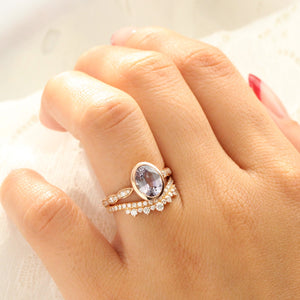 2.6 Ct. Oval Lavender Sapphire Ring in 14k Rose Gold Bezel Scalloped Diamond, Size 6.25