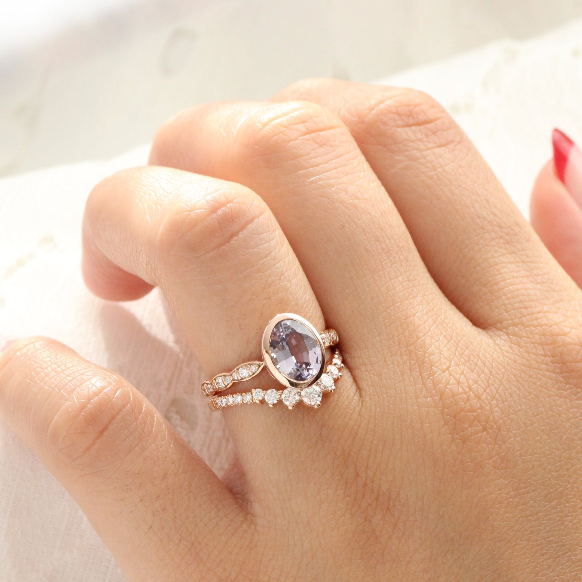 2.6 Ct. Oval Lavender Sapphire Ring in 14k Rose Gold Bezel Scalloped Diamond, Size 6.25