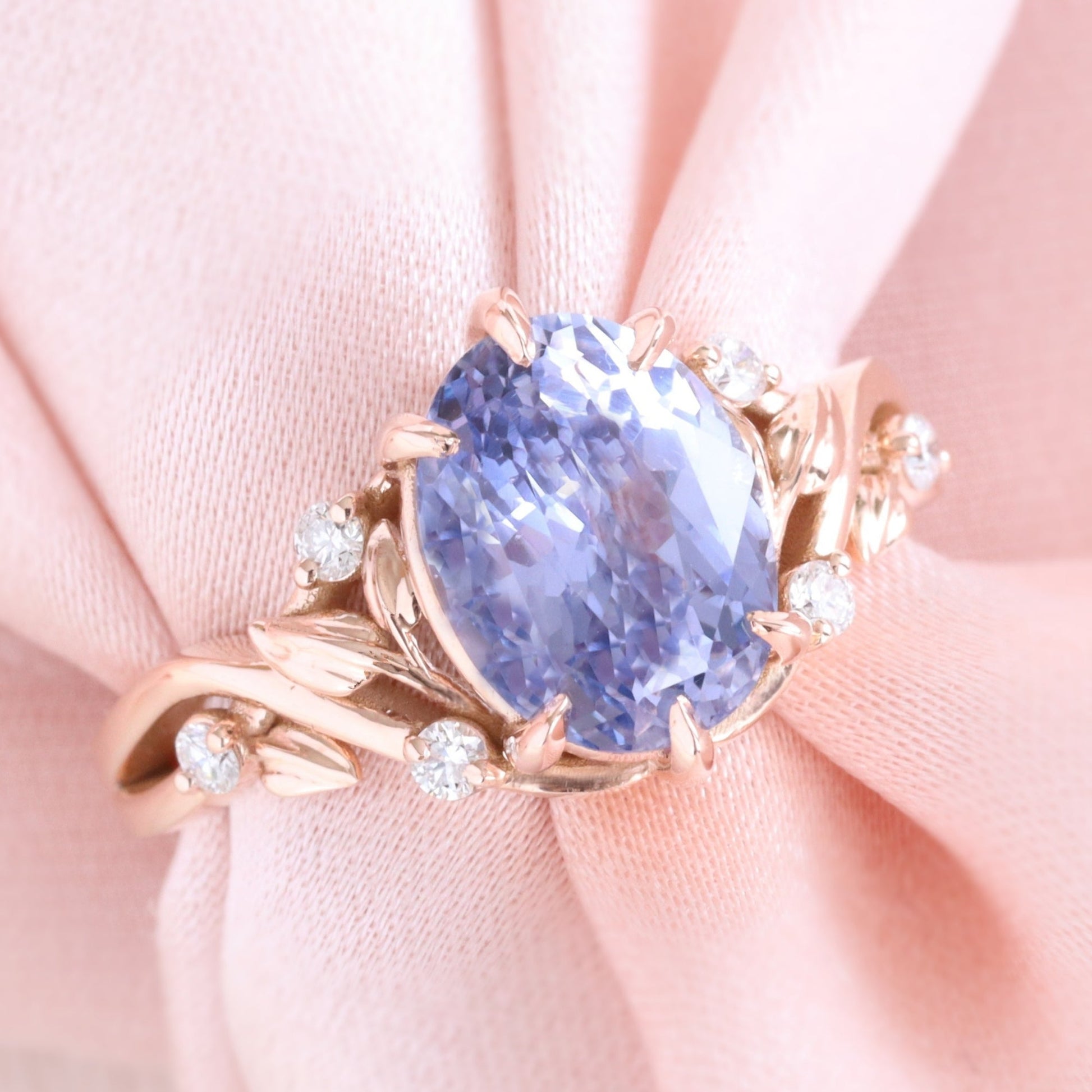 3.29 Ct Oval Lavender Sapphire Ring in 14k Rose Gold Floral Leaf Diamond Size 6.75