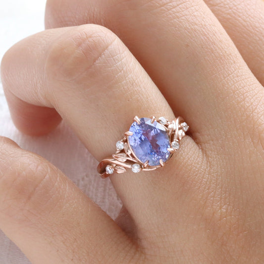 3.29 Ct Oval Lavender Sapphire Ring in 14k Rose Gold Floral Leaf Diamond Size 6.75