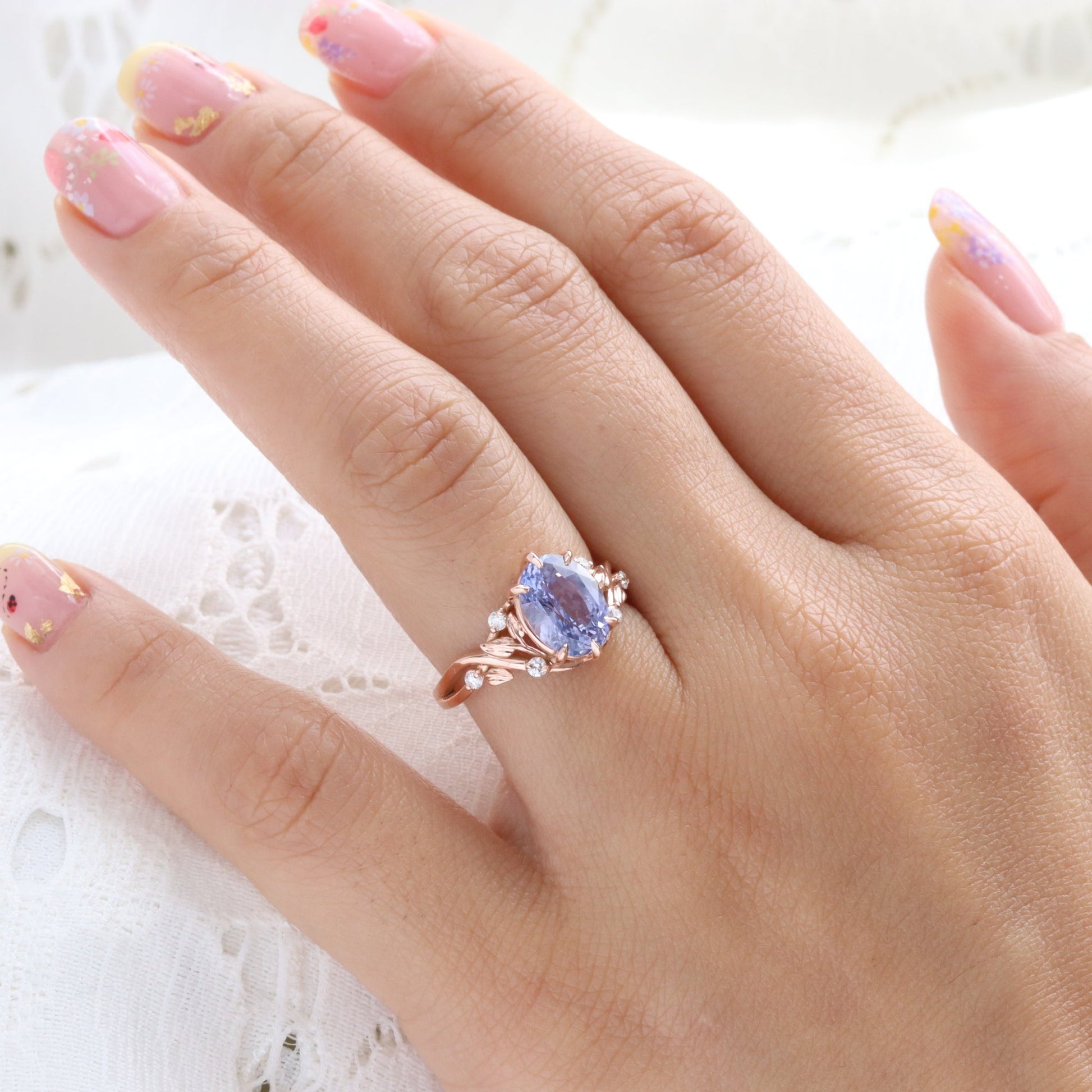 3.29 Ct Oval Lavender Sapphire Ring in 14k Rose Gold Floral Leaf Diamond Size 6.75