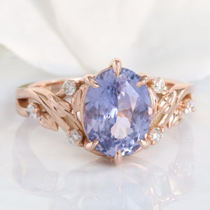 3.29 Ct Oval Lavender Sapphire Ring in 14k Rose Gold Floral Leaf Diamond Size 6.75