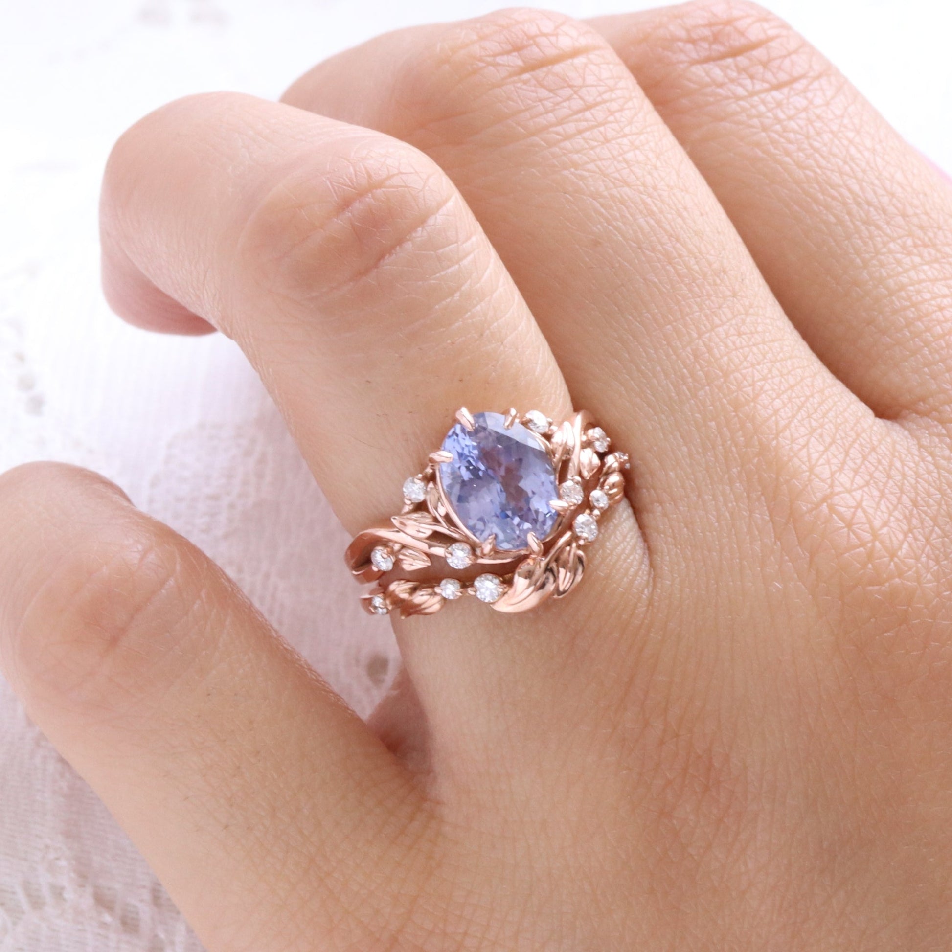 3.29 Ct Oval Lavender Sapphire Ring in 14k Rose Gold Floral Leaf Diamond Size 6.75