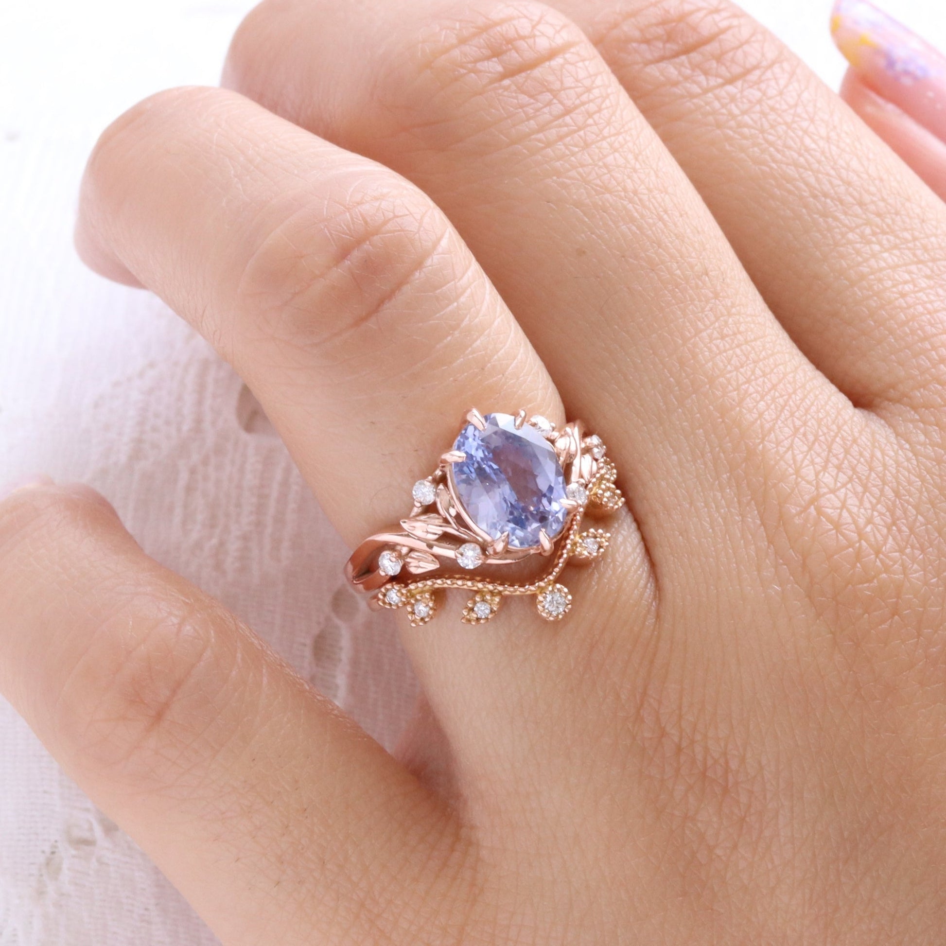3.29 Ct Oval Lavender Sapphire Ring in 14k Rose Gold Floral Leaf Diamond Size 6.75