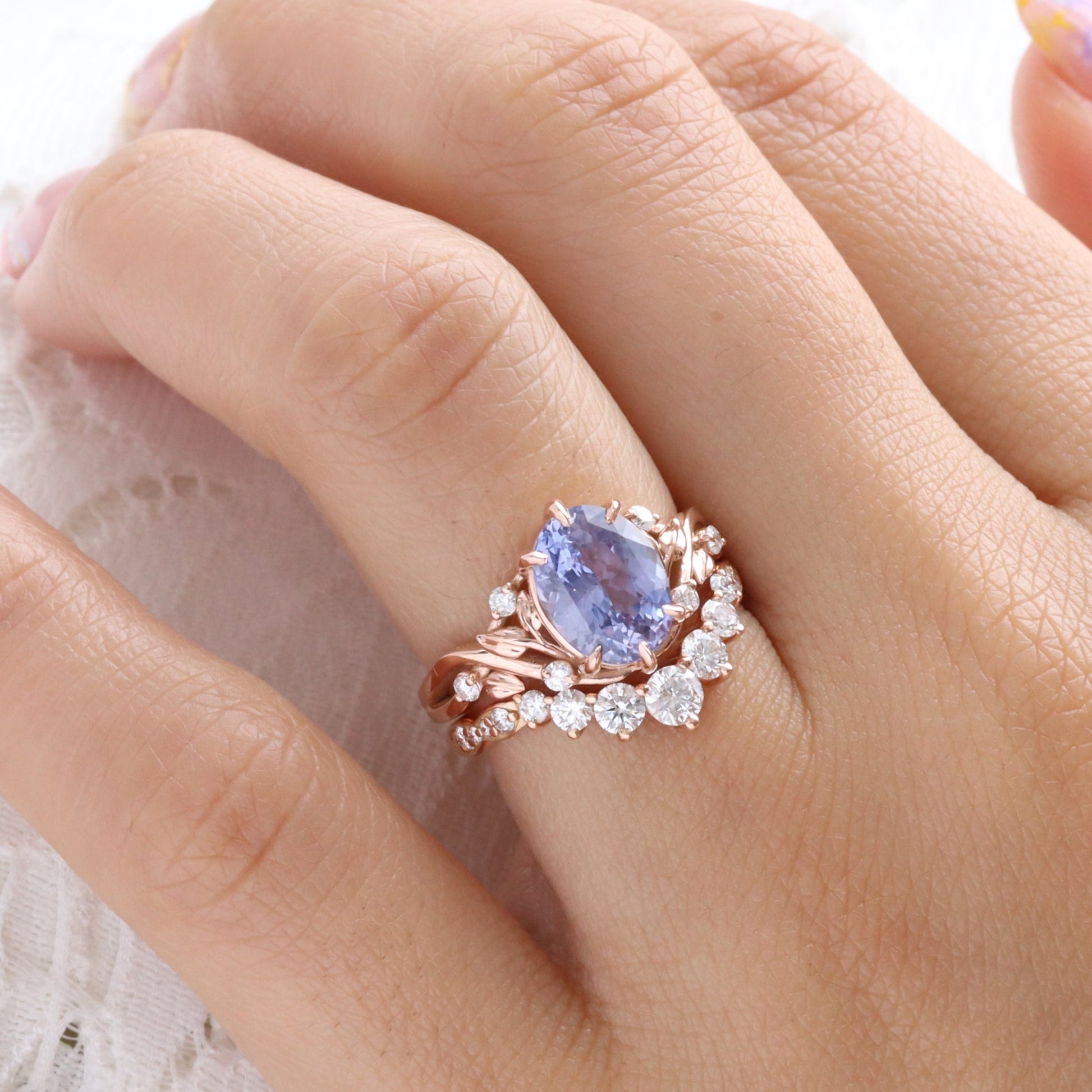 3.29 Ct Oval Lavender Sapphire Ring in 14k Rose Gold Floral Leaf Diamond Size 6.75