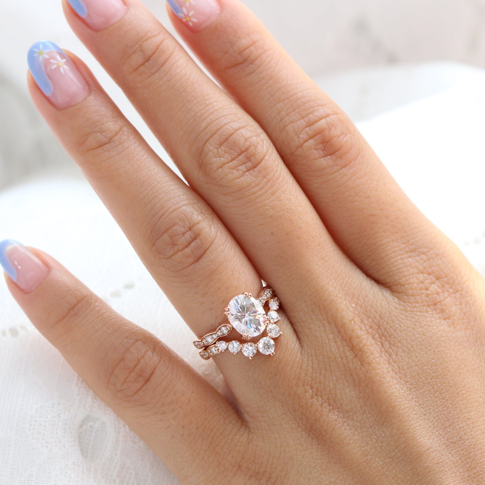Grace Solitaire Oval Bridal Ring Set w/ Moissanite and Large Diamond Curved Band
