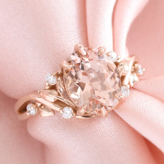 2.65 Ct Oval Morganite Diamond Ring in 14k Rose Gold Floral Leaf Band Size 6.75