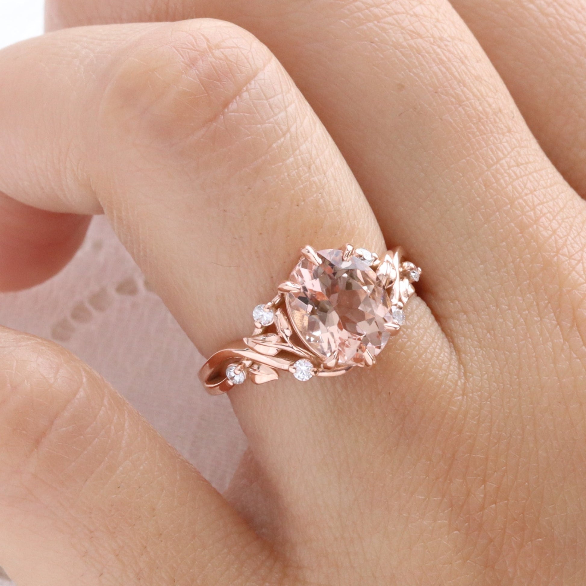 2.65 Ct Oval Morganite Diamond Ring in 14k Rose Gold Floral Leaf Band Size 6.75