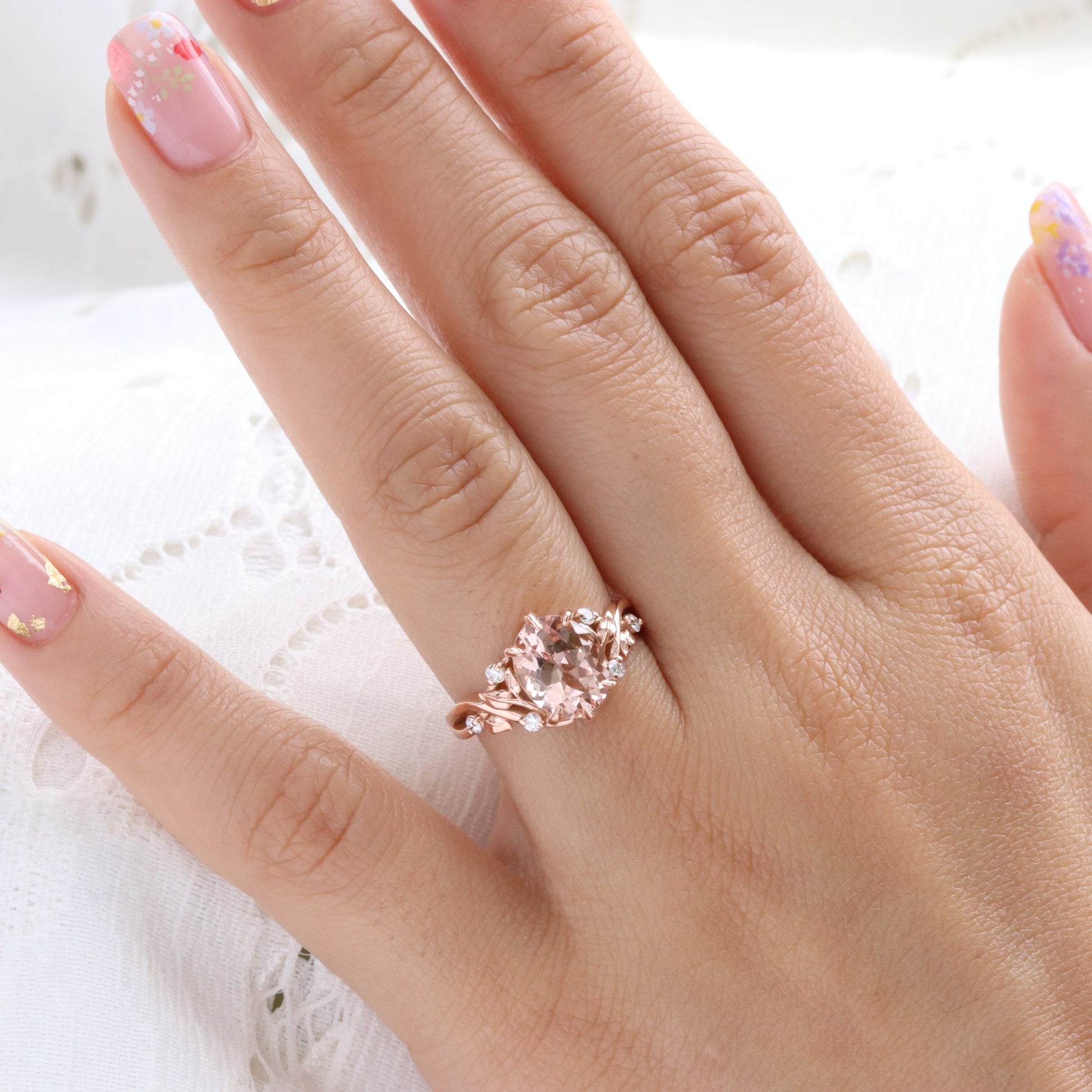 2.65 Ct Oval Morganite Diamond Ring in 14k Rose Gold Floral Leaf Band Size 6.75