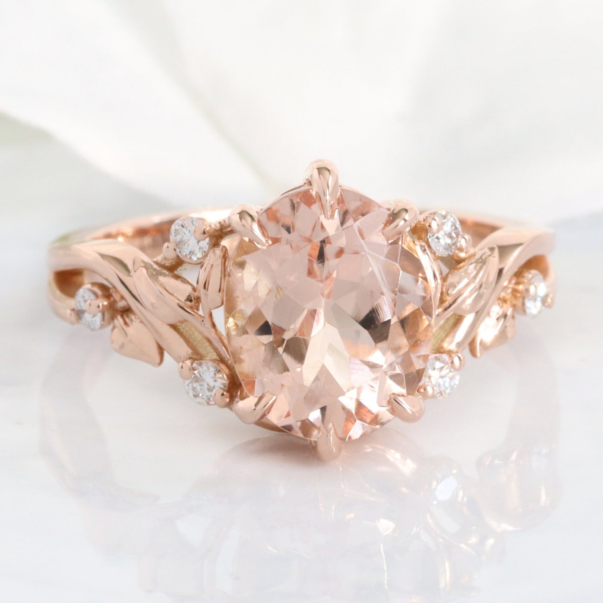 2.65 Ct Oval Morganite Diamond Ring in 14k Rose Gold Floral Leaf Band Size 6.75
