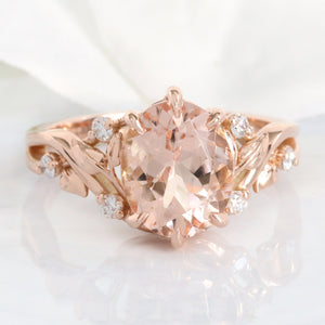 2.65 Ct Oval Morganite Diamond Ring in 14k Rose Gold Floral Leaf Band Size 6.75
