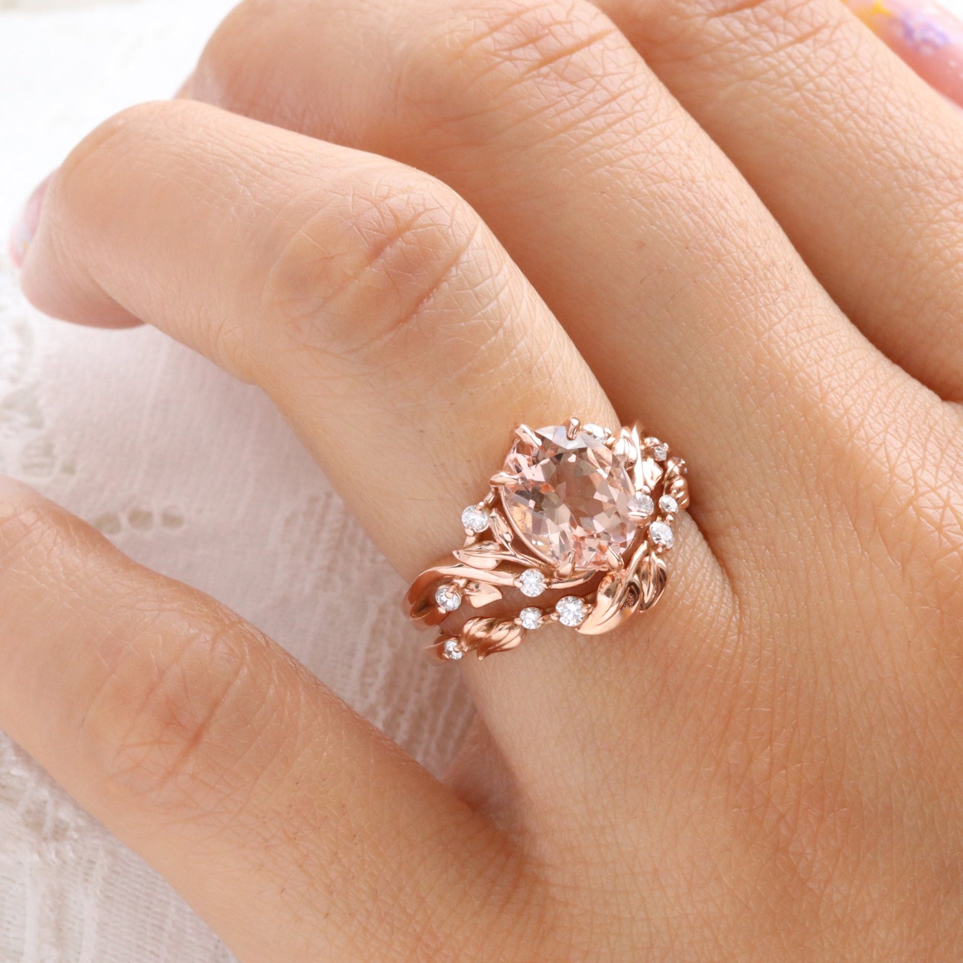 2.65 Ct Oval Morganite Diamond Ring in 14k Rose Gold Floral Leaf Band Size 6.75