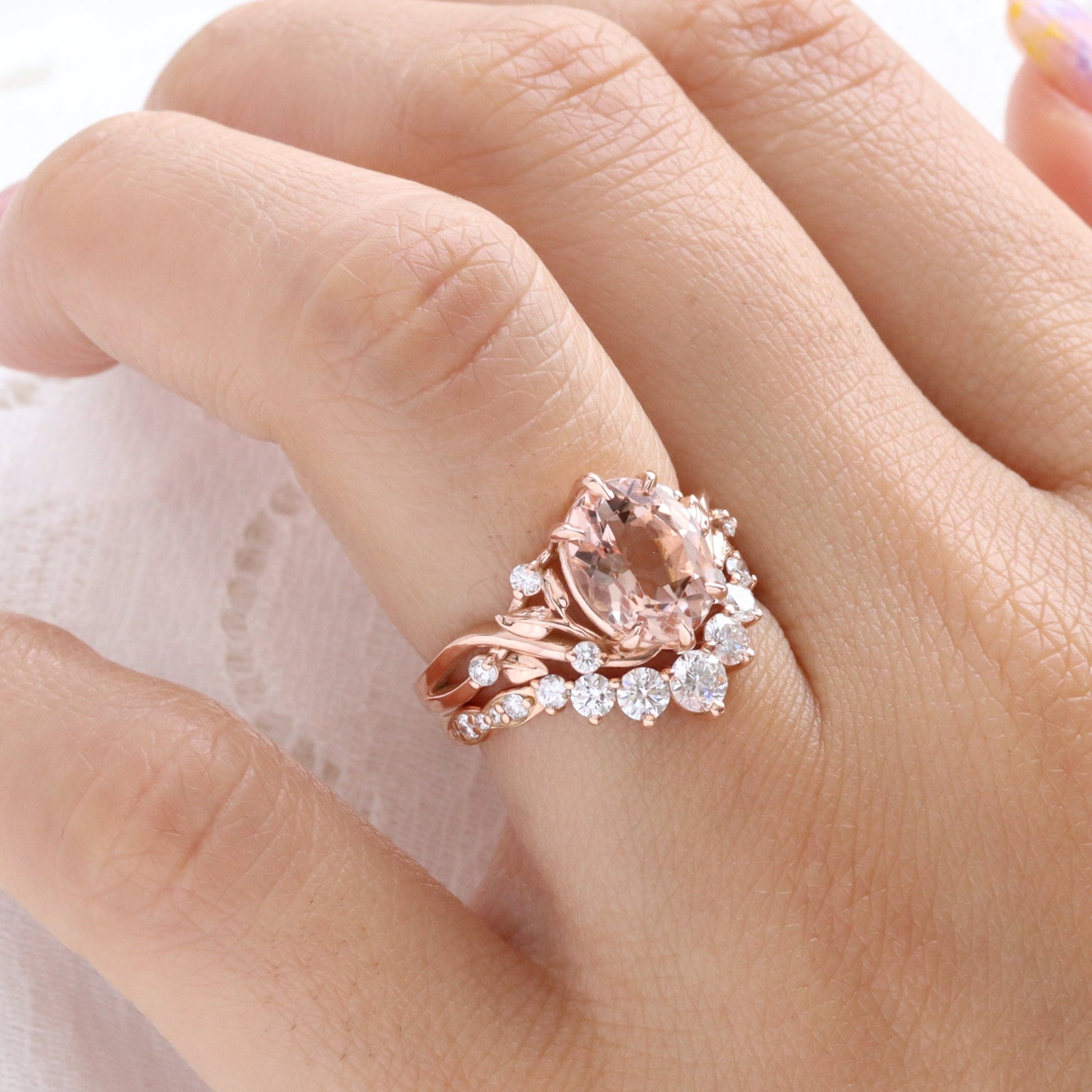 2.65 Ct Oval Morganite Diamond Ring in 14k Rose Gold Floral Leaf Band Size 6.75