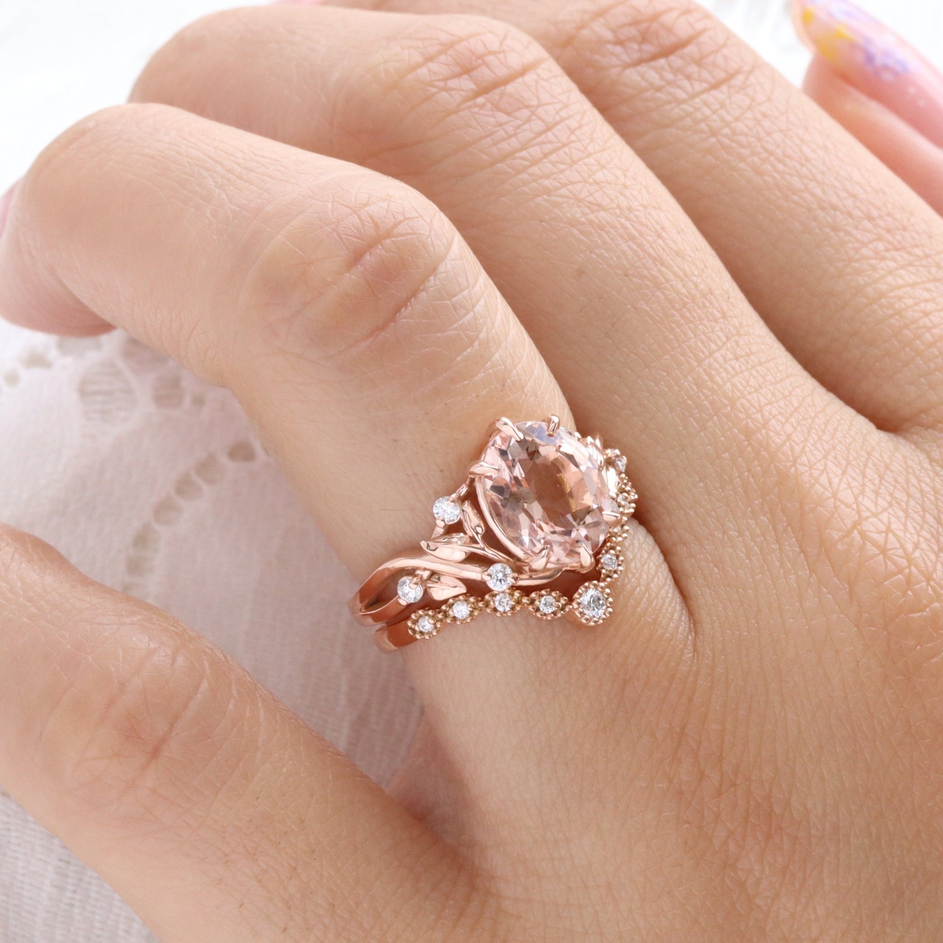 2.65 Ct Oval Morganite Diamond Ring in 14k Rose Gold Floral Leaf Band Size 6.75