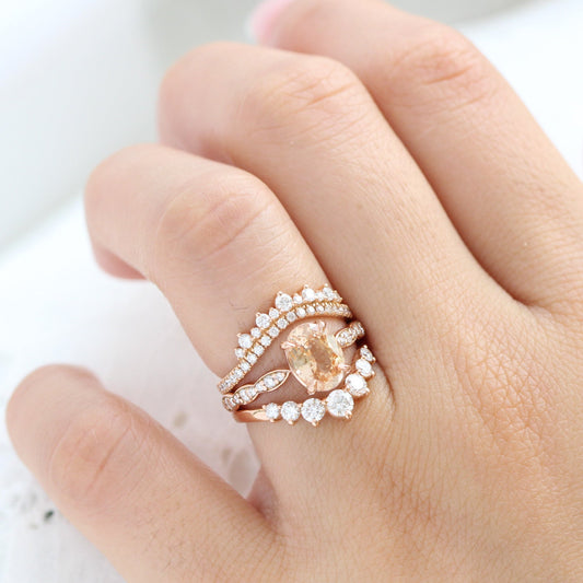 2.14 Ct Oval Peach Sapphire Diamond Ring in 14k Rose Gold Low Profile Ring, Size 6.25