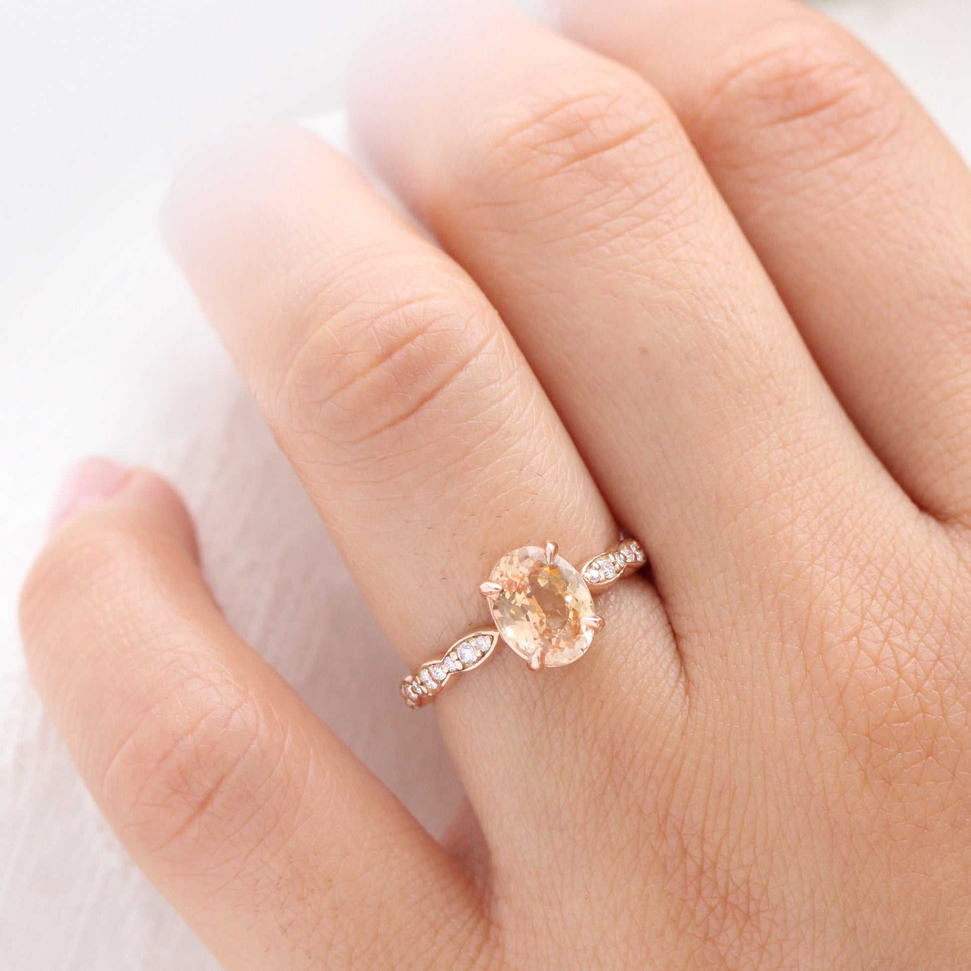 2.14 Ct Oval Peach Sapphire Diamond Ring in 14k Rose Gold Low Profile Ring, Size 6.25