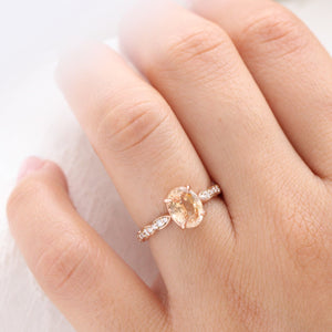 2.14 Ct Oval Peach Sapphire Diamond Ring in 14k Rose Gold Low Profile Ring, Size 6.25