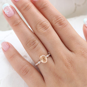 2.14 Ct Oval Peach Sapphire Diamond Ring in 14k Rose Gold Low Profile Ring, Size 6.25