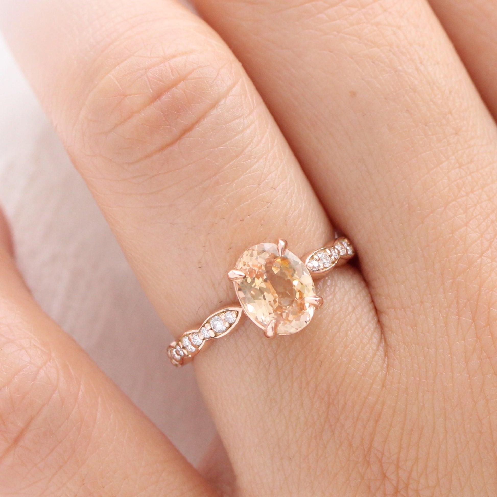 2.14 Ct Oval Peach Sapphire Diamond Ring in 14k Rose Gold Low Profile Ring, Size 6.25