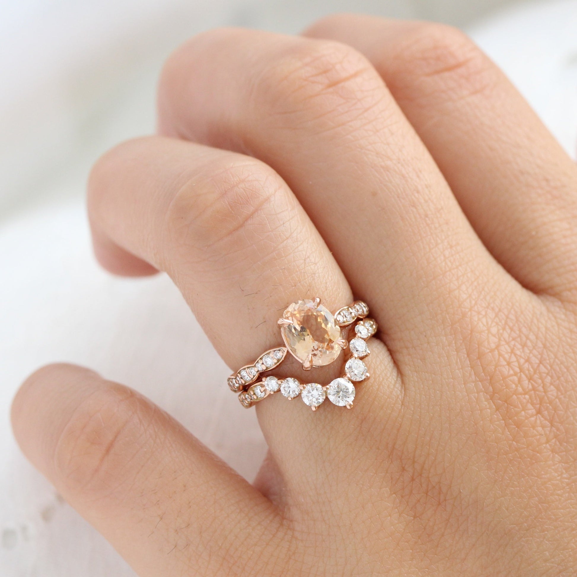 2.14 Ct Oval Peach Sapphire Diamond Ring in 14k Rose Gold Low Profile Ring, Size 6.25