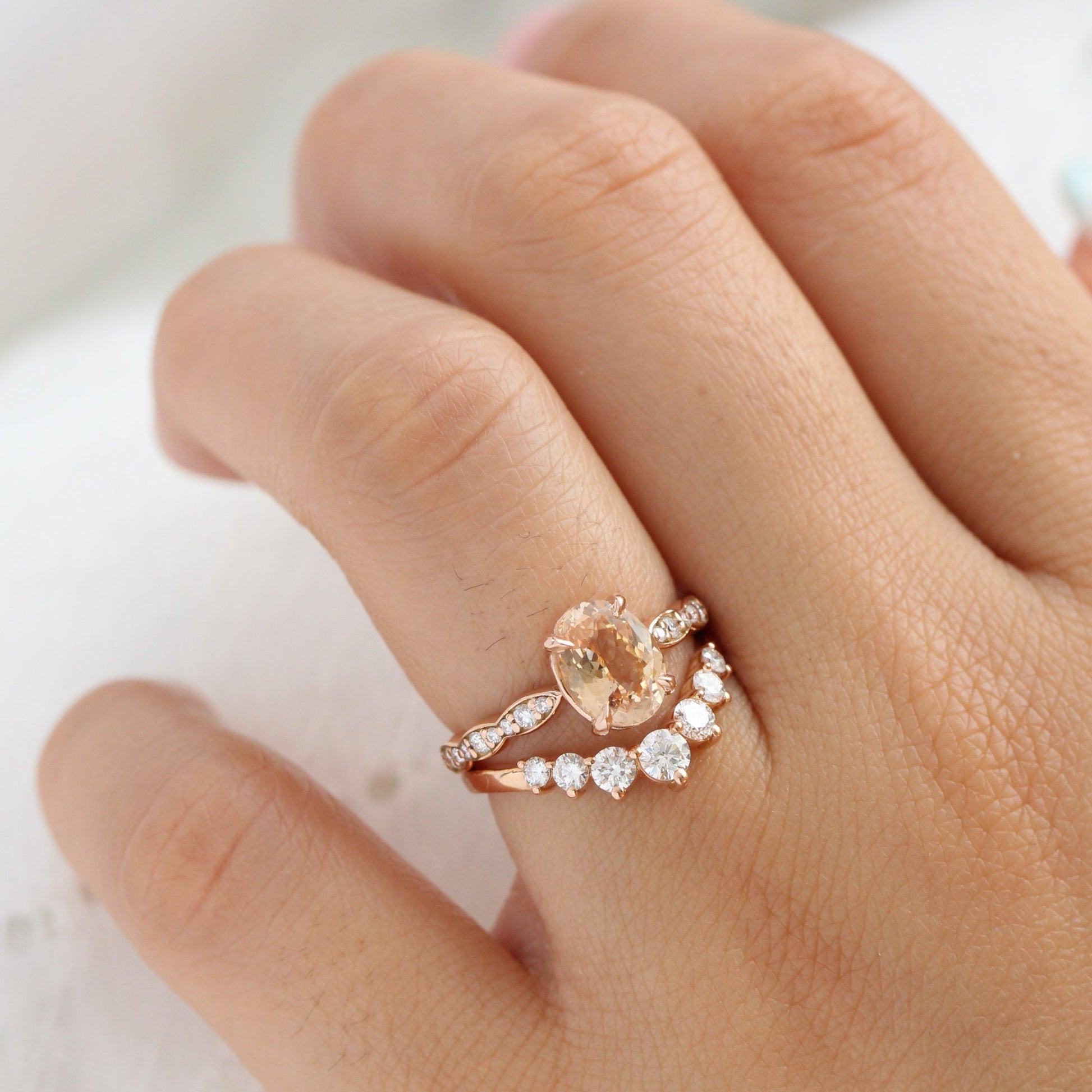 2.14 Ct Oval Peach Sapphire Diamond Ring in 14k Rose Gold Low Profile Ring, Size 6.25