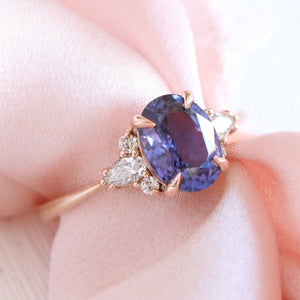 2.54 Ct Large Bluish Purple Sapphire Ring in 14k Rose Gold 3 Stone Diamond Ring, Size 6.25