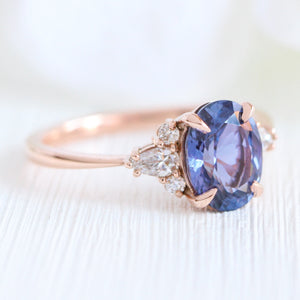 2.54 Ct Large Bluish Purple Sapphire Ring in 14k Rose Gold 3 Stone Diamond Ring, Size 6.25