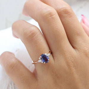 2.54 Ct Large Bluish Purple Sapphire Ring in 14k Rose Gold 3 Stone Diamond Ring, Size 6.25