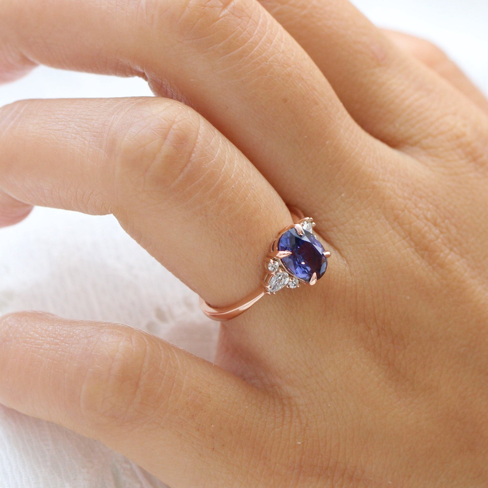 2.54 Ct Large Bluish Purple Sapphire Ring in 14k Rose Gold 3 Stone Diamond Ring, Size 6.25